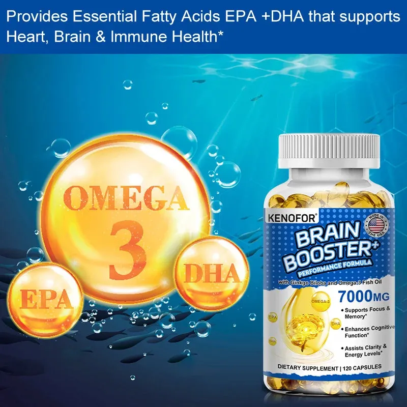 Brain Booster - with Ginkgo Biloba, Omega 3 Fish Oil DHA & EPA - for Enhanced Brain Function and Cardiovascular Health Support